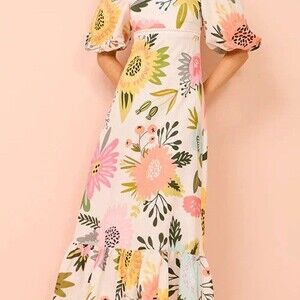 Margovil Maxi Dress Womens Size M Ivory Floral Square Neck Puff Sleeve